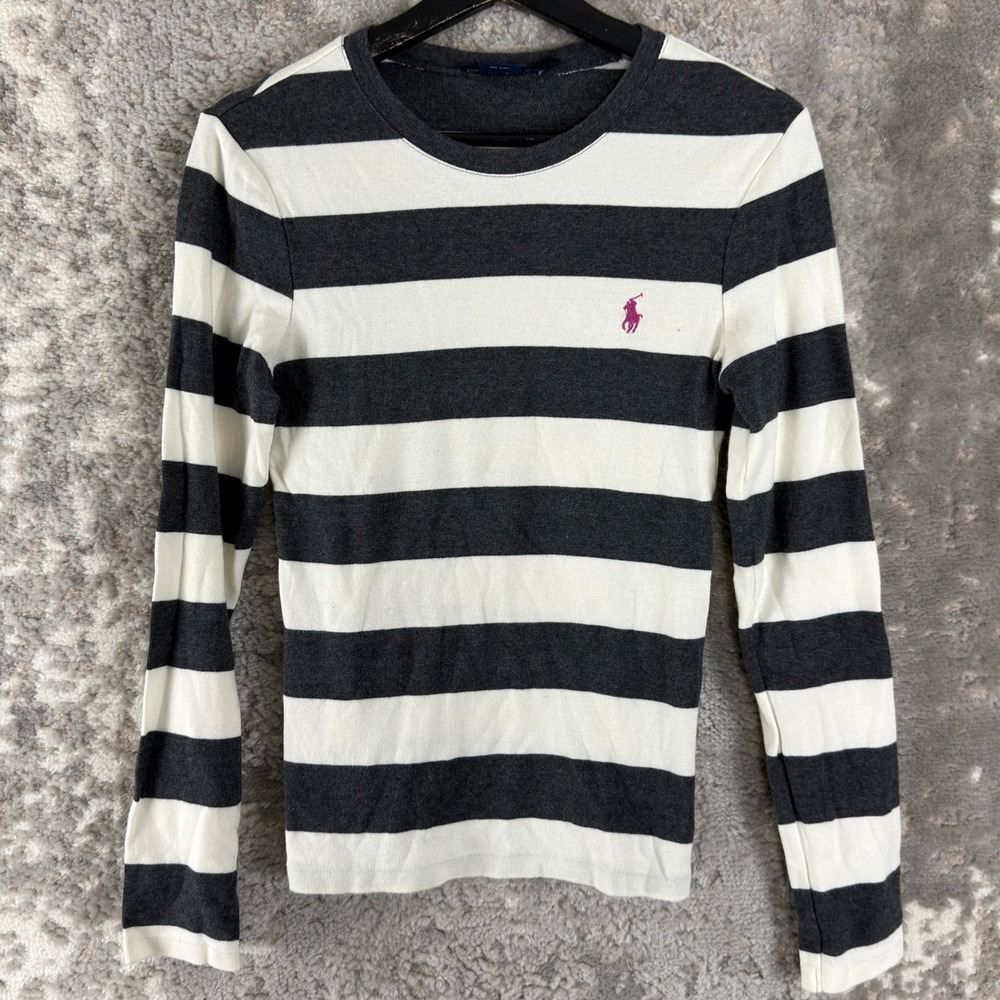 Ralph Lauren Sport Size M Striped Crew Neck Long Sleeve T-Shirt Gray Women Long